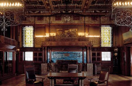 This is the Veterans Room, now known as the Tiffany Room.  Its hand carved wood paneling makes it the masterpiece of the 7th Regiment Armory. 