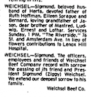 Sigmund Weichsel’s obituary, along with a short anecdote of his life which mentions his role in Weichsel Beef Co. and that the company will contribute to her funerary expenses